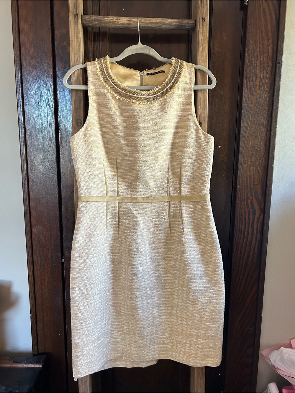 Elie Tahari light gold sleeveless shift w/ beaded neckline, NWOT, size 10